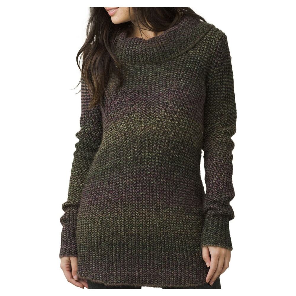 Prana Women's Hunter Chunky Knit Tunic Cowl Neck Wool Blend Sweater Green Purple